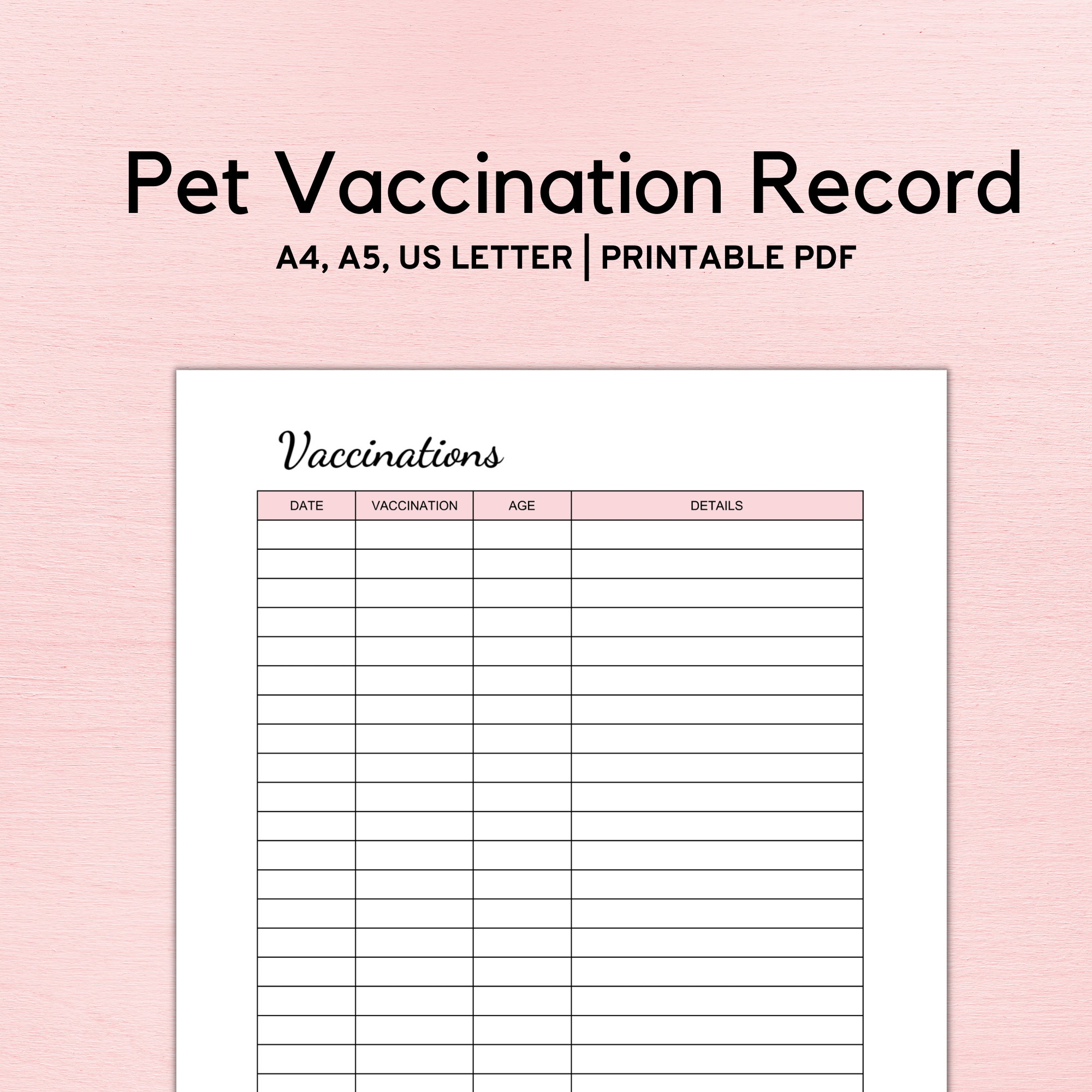Printable Pet Vaccination Record Dog Vaccination Cat Vaccination Vaccination Record Pet Information Sheet Pet Health Care Log PDF Etsy