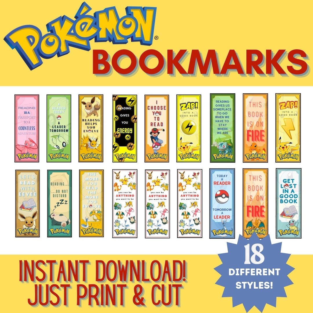 Printable Pokemon Bookmarks Kids Bookmarks 18 Styles PDF Format Etsy