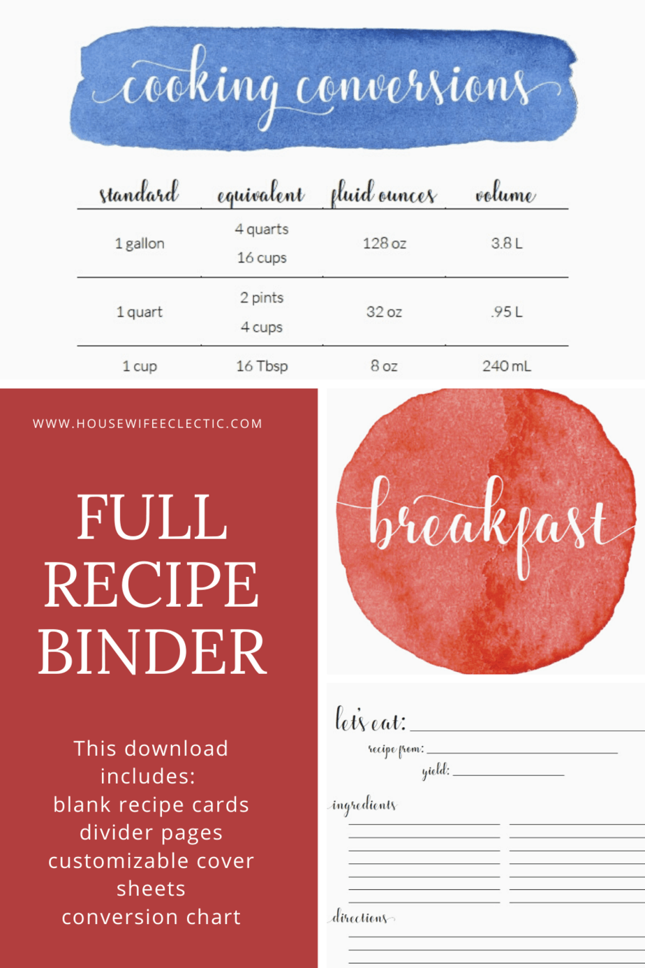 Printable Recipe Binder Dividers Fillable Cover Recipe Sheet Housewife Eclectic