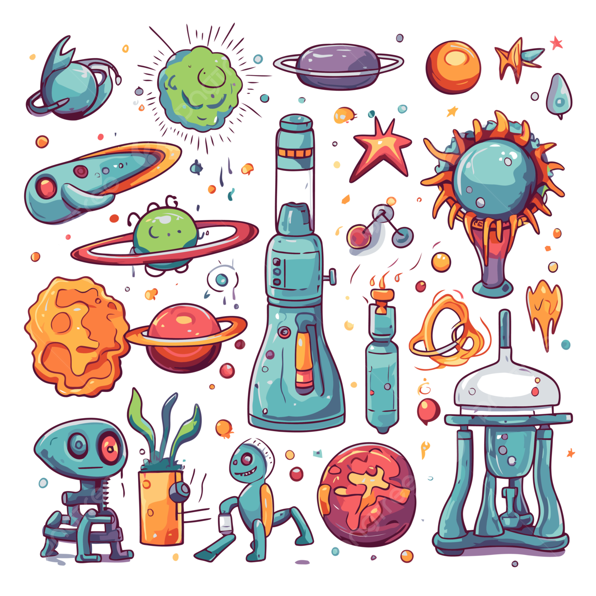 Printable Science Vector Sticker Clipart Collection Of Cartoon Objects In Scifi Style Sticker Clipart PNG And Vector With Transparent Background For Free Download