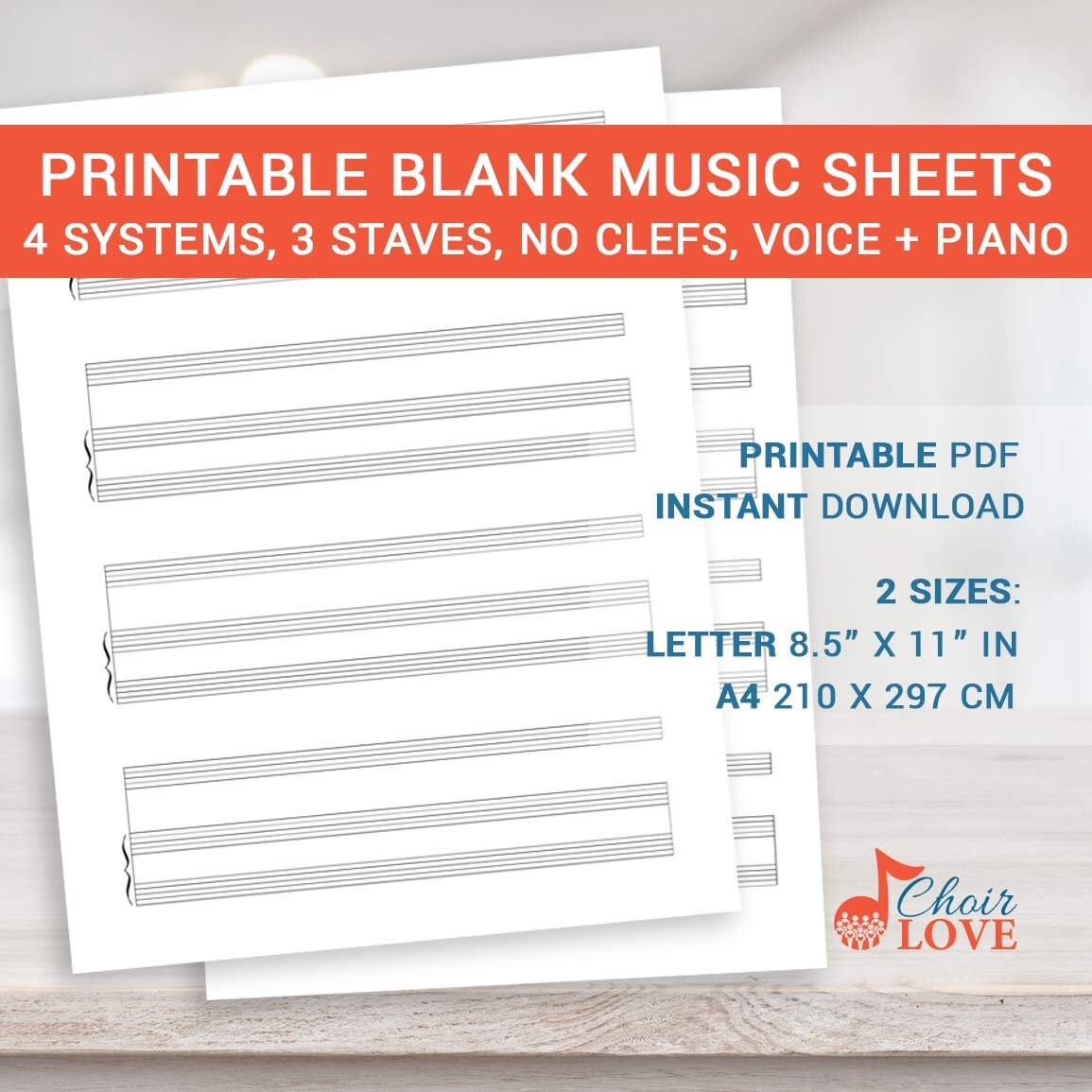 Printable Sheet Music Blank Music Sheet Music 8 5 X 11 A4 Voice And Piano 4 Systems 3 Staves No Clefs Etsy