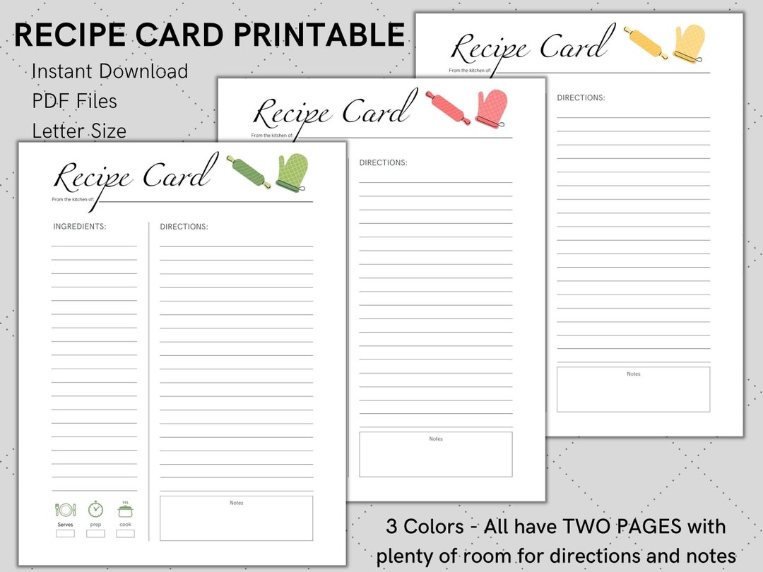 Recipe Cards Printable And Fillable PDF 2 Page 3 Colors Recipe Planner Recipe Binder Family Recipe Book Letter Recipe Template Etsy