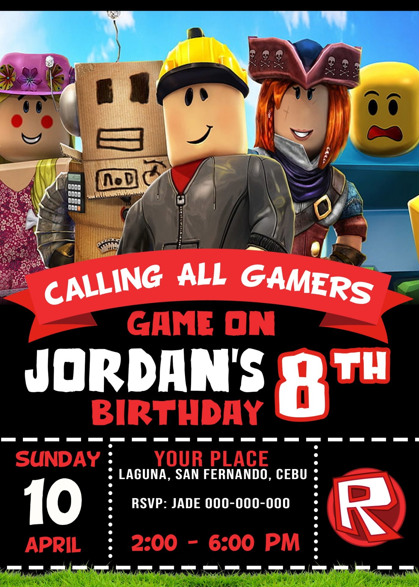 ROBLOX Birthday Party Invitation 4 X 6 Or 5 X 7 FREE BACKSIDE Jamakodesigns