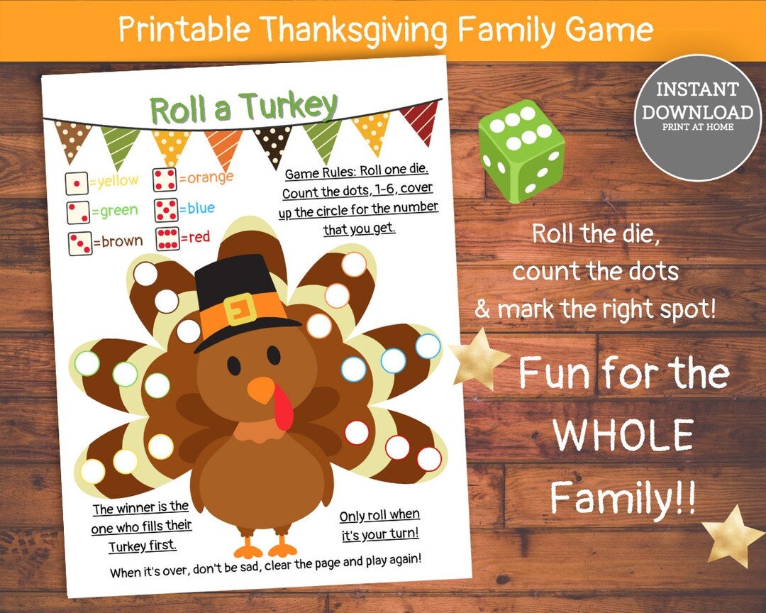Roll A Turkey Game Printable Roll A Turkey Dice Game Roll A Turkey Printable Roll A Dice Game Thanksgiving Family Games Virtual Game Etsy