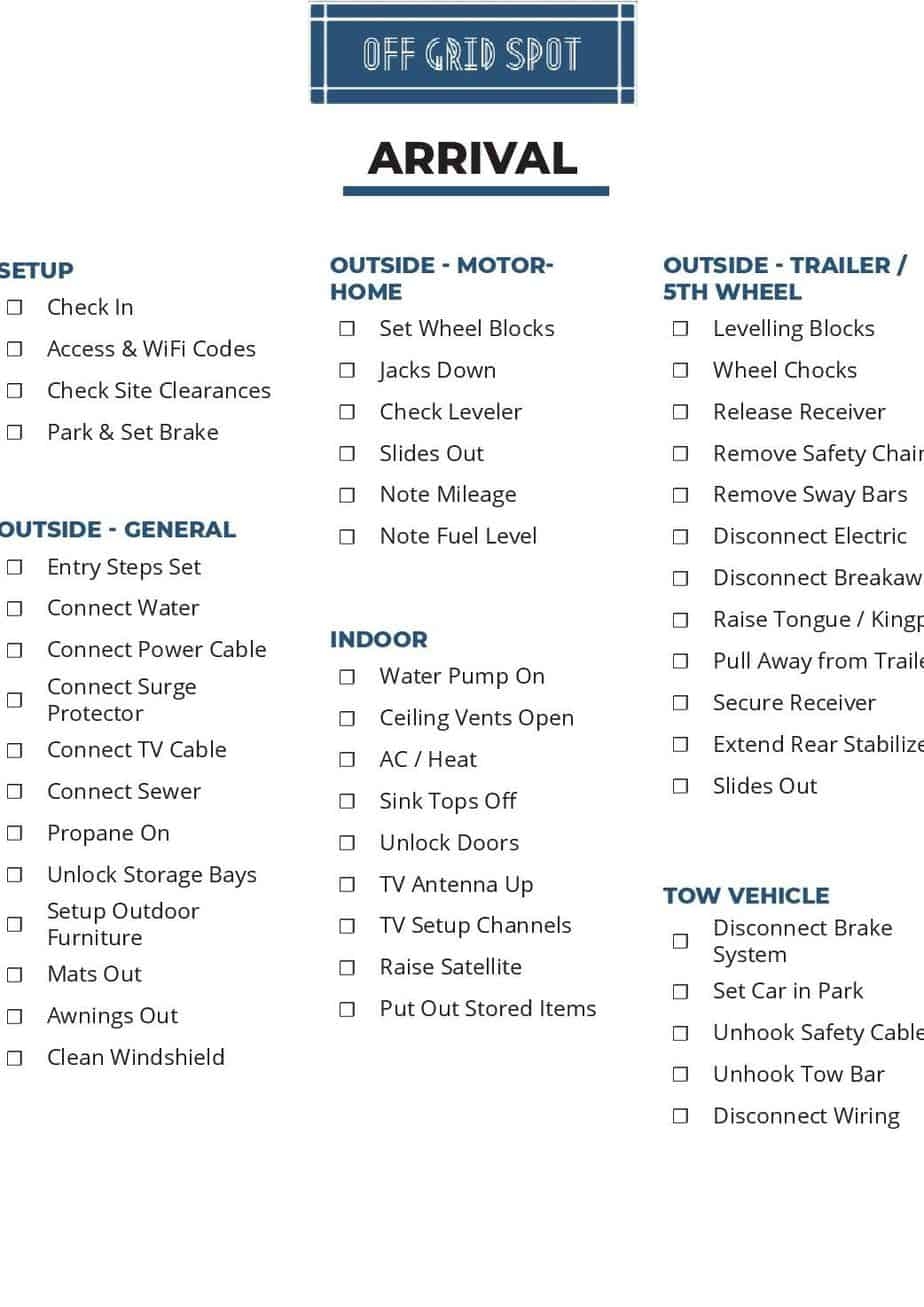 Free Printable Rv Setup Checklist