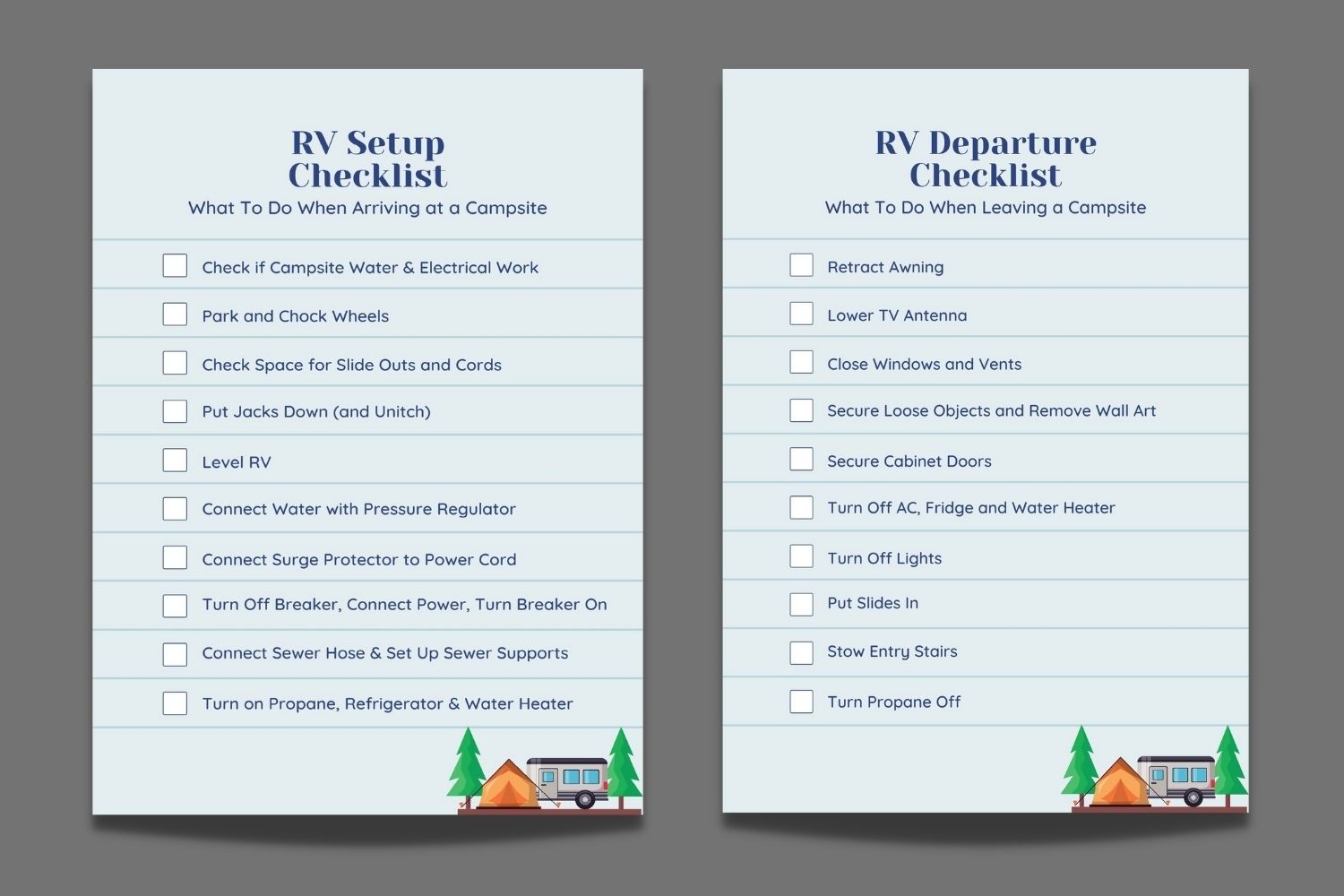 RV Setup RV Departure Checklists Free Printable PDF 