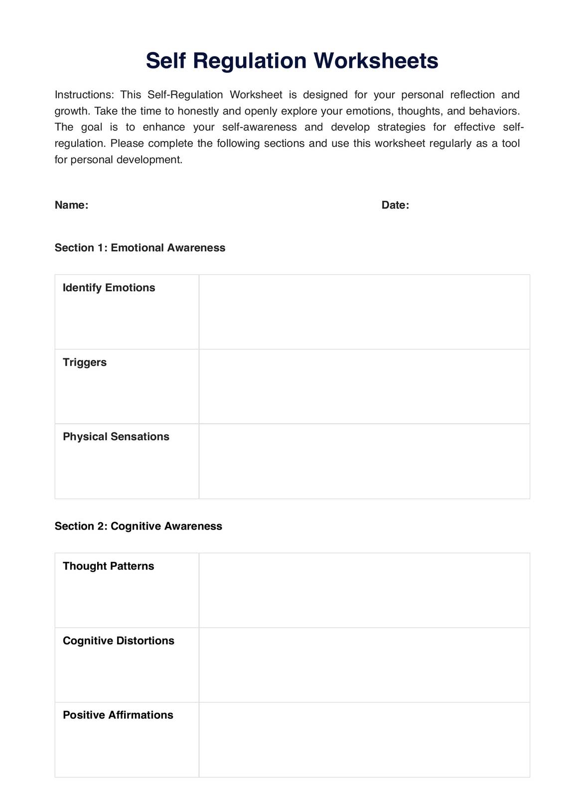 Self Regulation Worksheets Example Free PDF Download