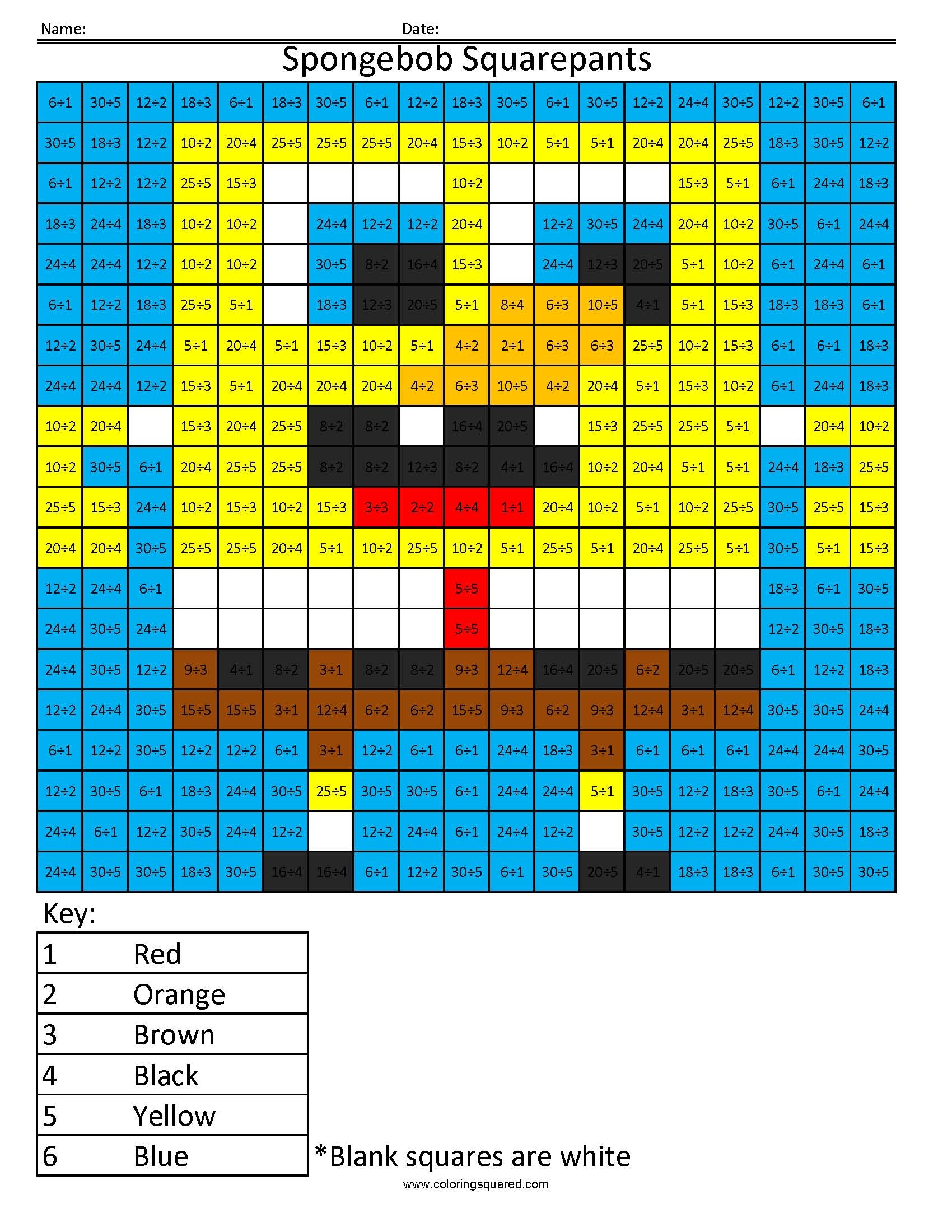 Spongebob Squarepants Basic Division Coloring Squared