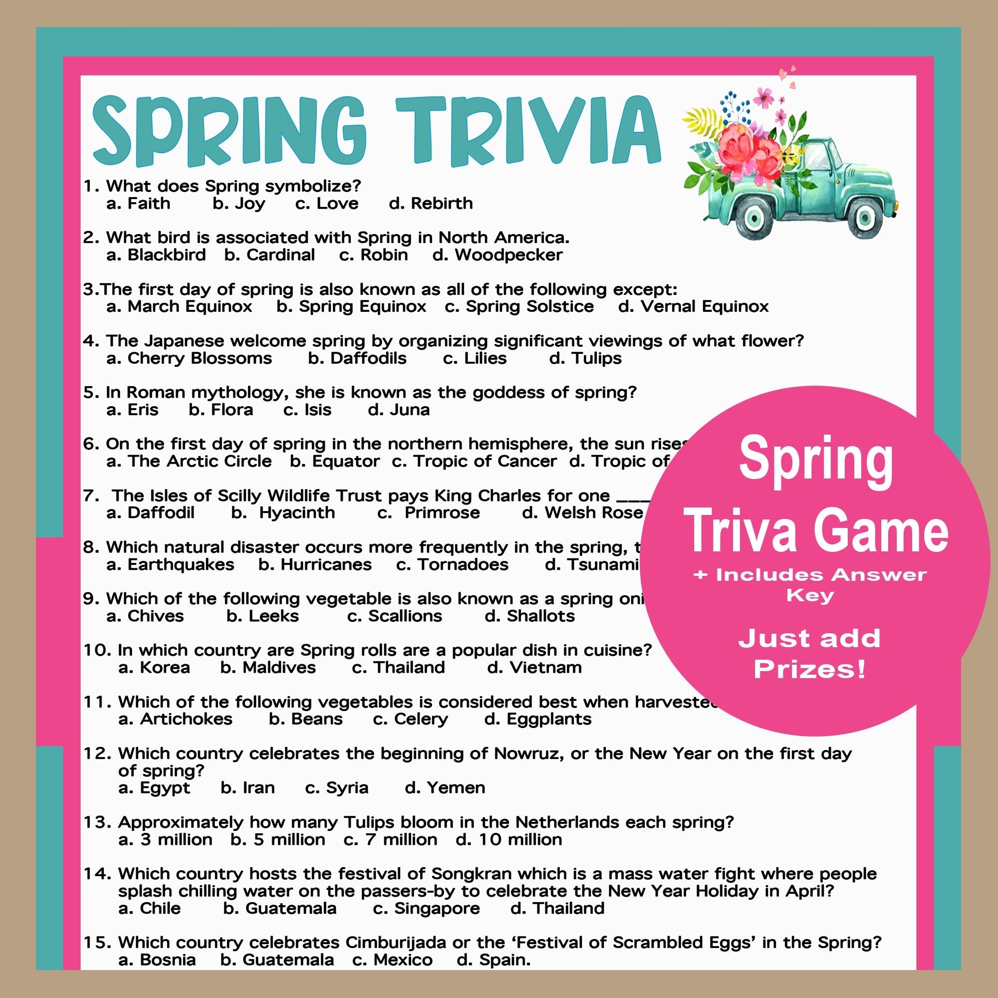 Spring Trivia Game Printable Spring Game Fun Spring Games Spring Activities For Adults Teens And Kids Spring School Game Etsy