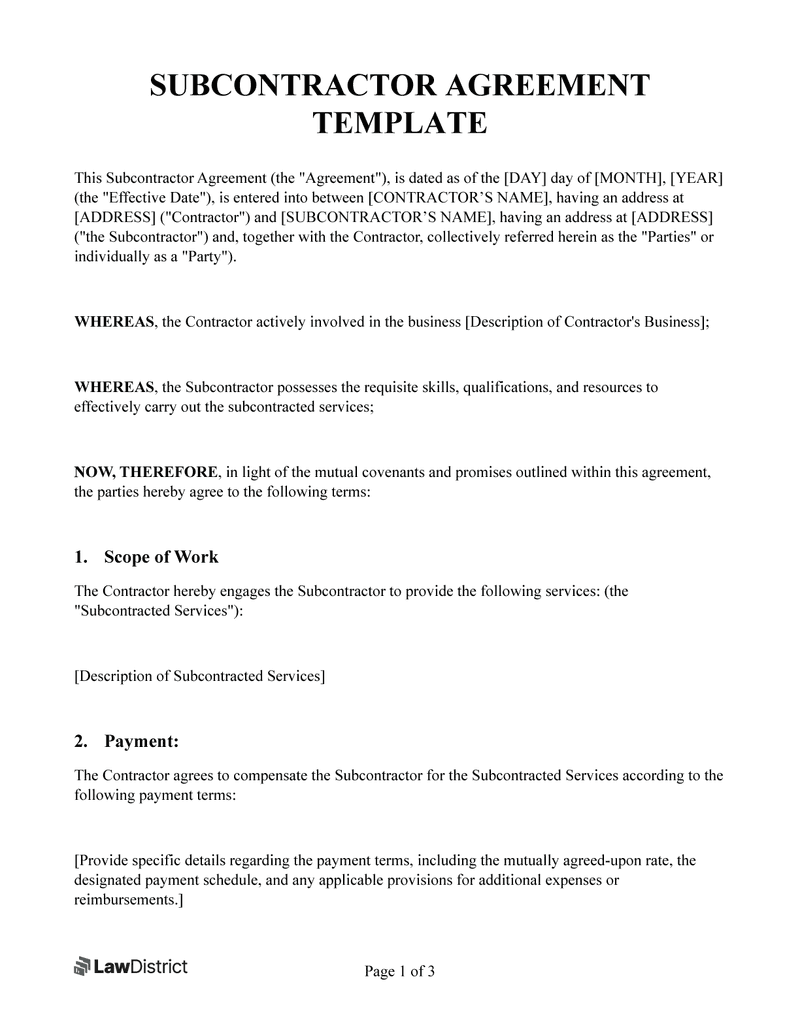 Subcontractor Agreement Free PDF Word Template LawDistrict