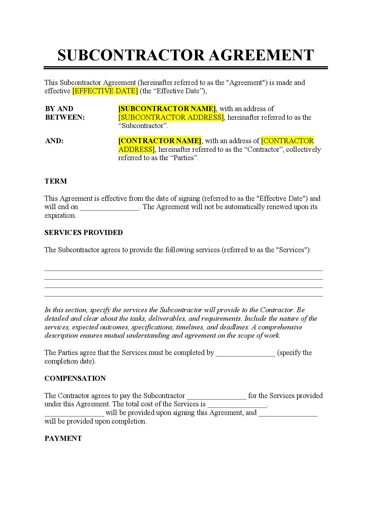 Subcontractor Agreement Template Free Download Easy Legal Docs