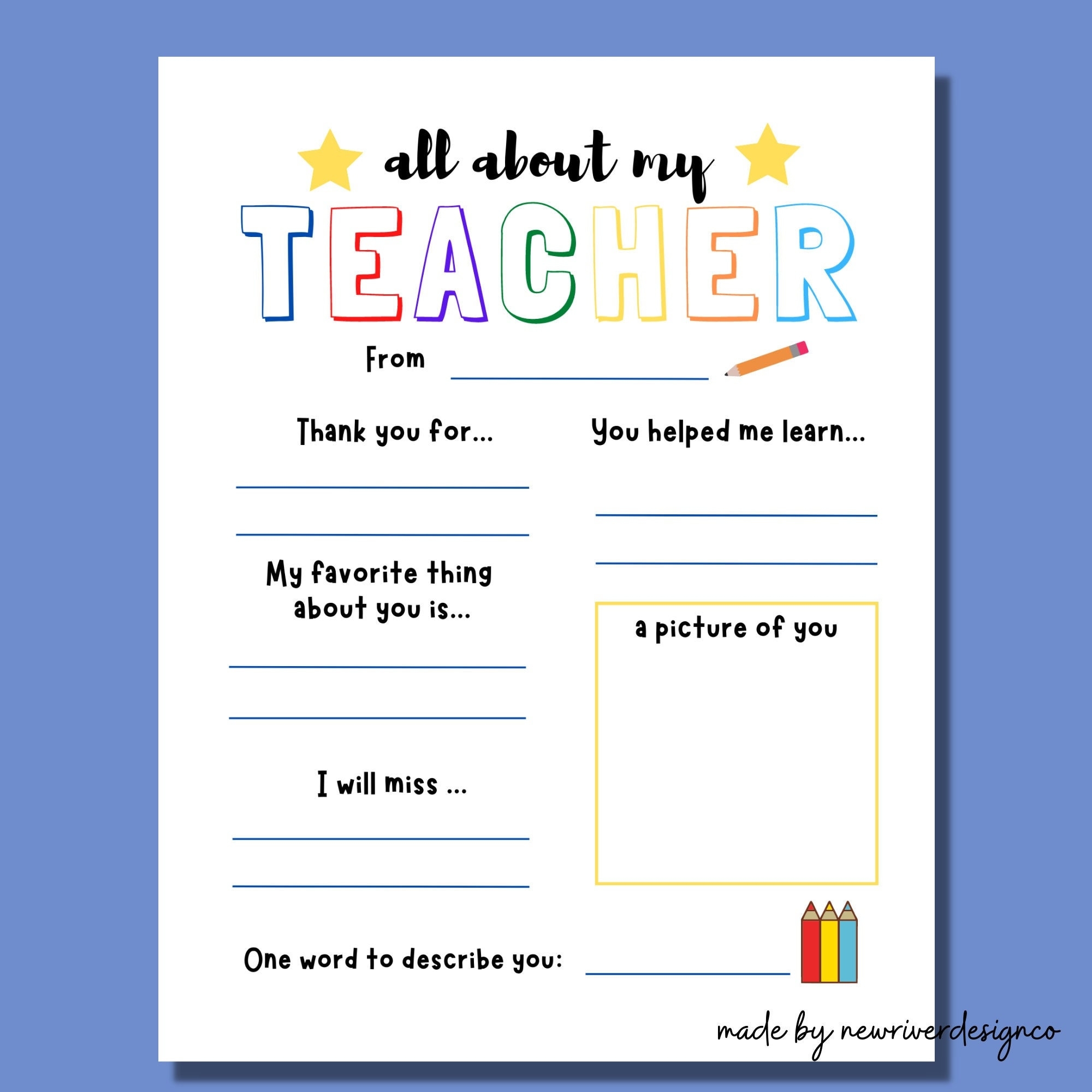 Teacher Thank You Printable All About My Teacher Teacher Appreciation Printable End Of School Teacher Gift Teacher Questionnaire PDF Etsy