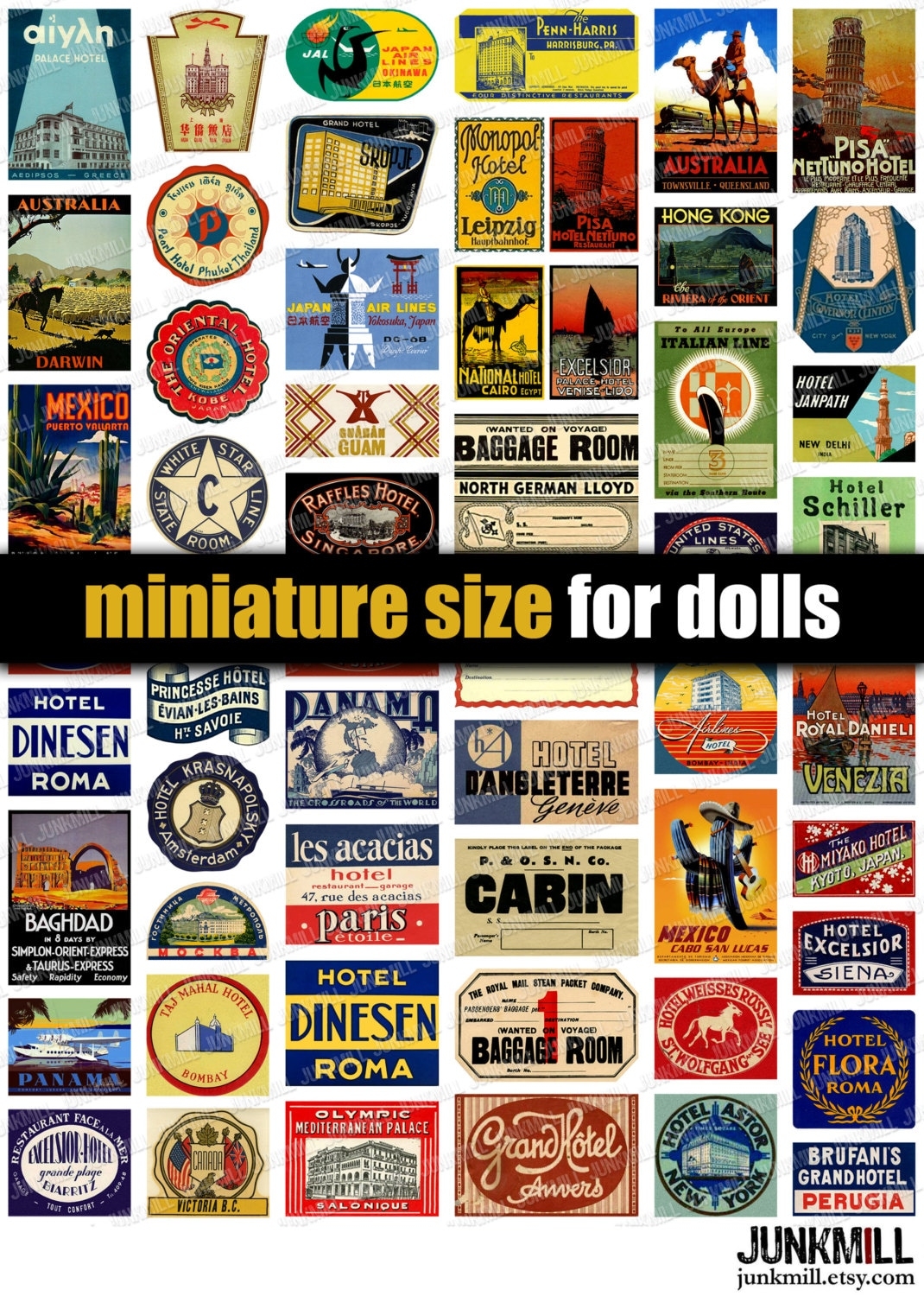 TINY TRAVEL LABELS Digital Printable Collage Sheet Vintage Travel Stickers Miniature Luggage Labels For Dolls Dollhouse Suitcases Etsy