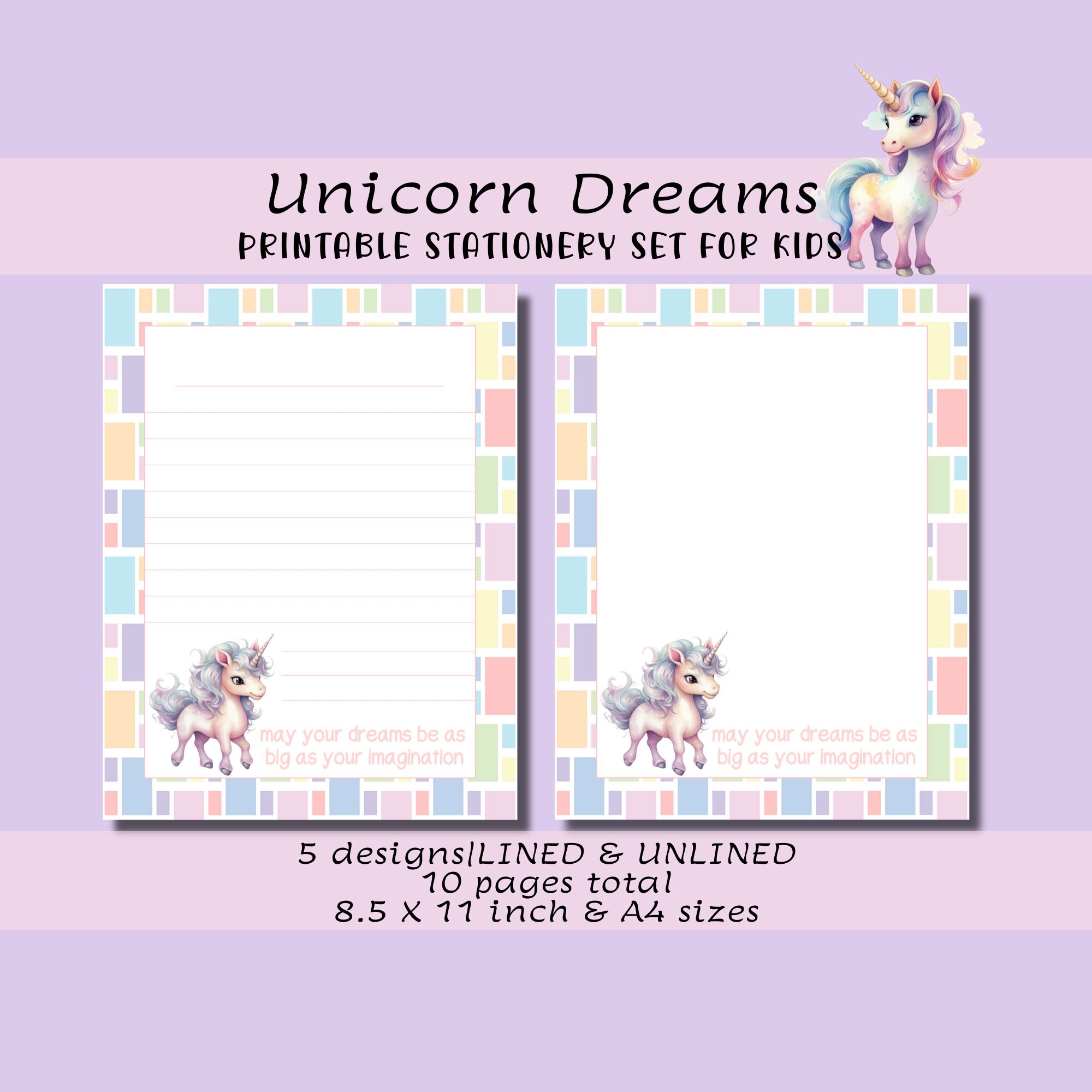 Unicorn Dreams Kids Printable Stationery Set Letter Writing Set Pen Pal Note Paper Fantasy School Project Paper Art Projects For Kids Etsy