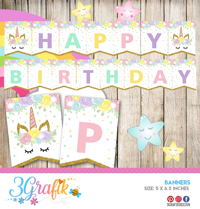 Unicorn Happy Birthday Banners And Garlands Printable 3Grafik