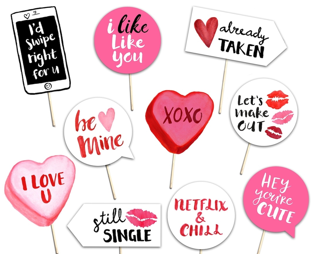 Valentine s Day Photo Booth Props 10 Printable Hand Painted Signs Holiday Party Decor White Black Pink Red Photobooth Etsy