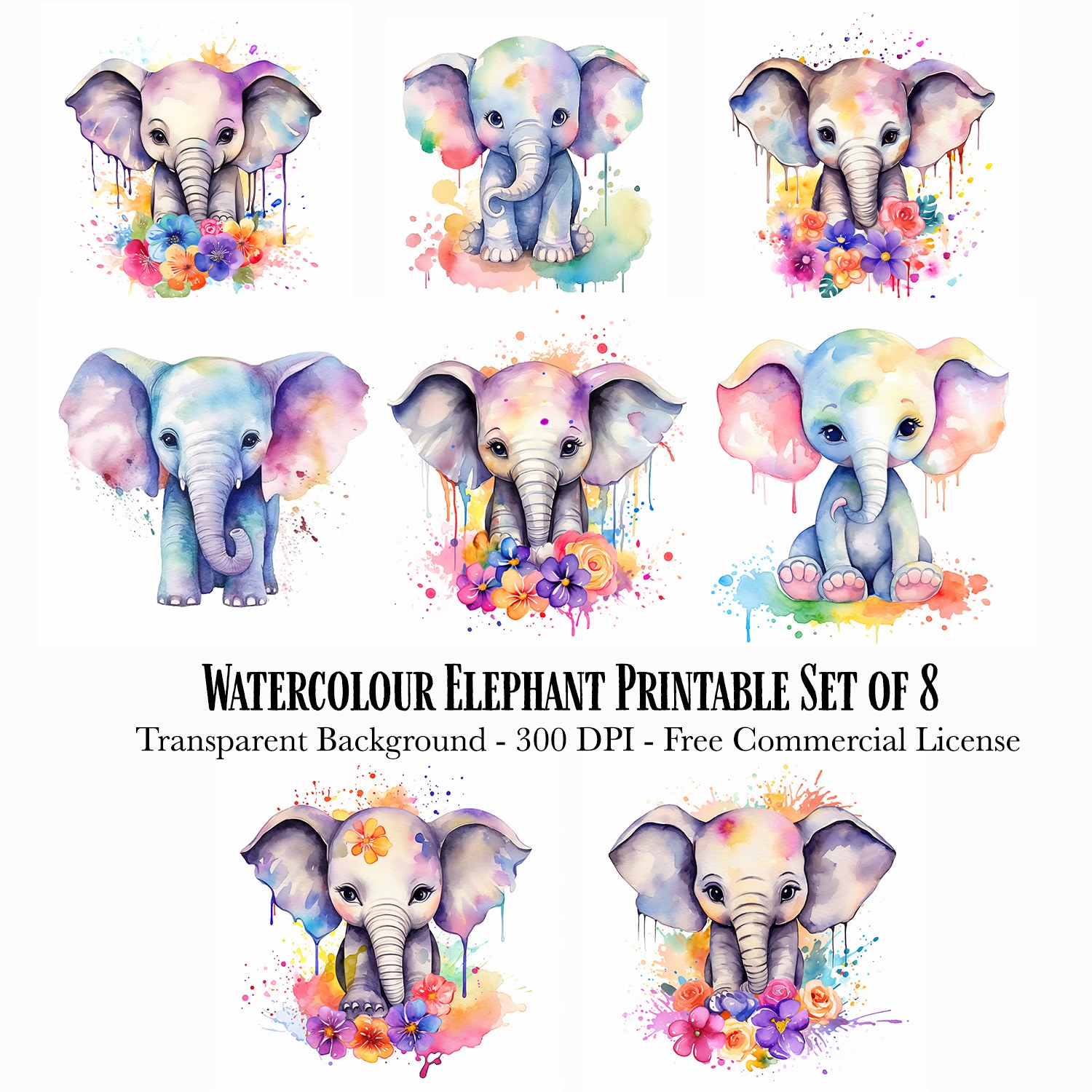 Watercolour Elephant Printable Set Of 8 Payhip
