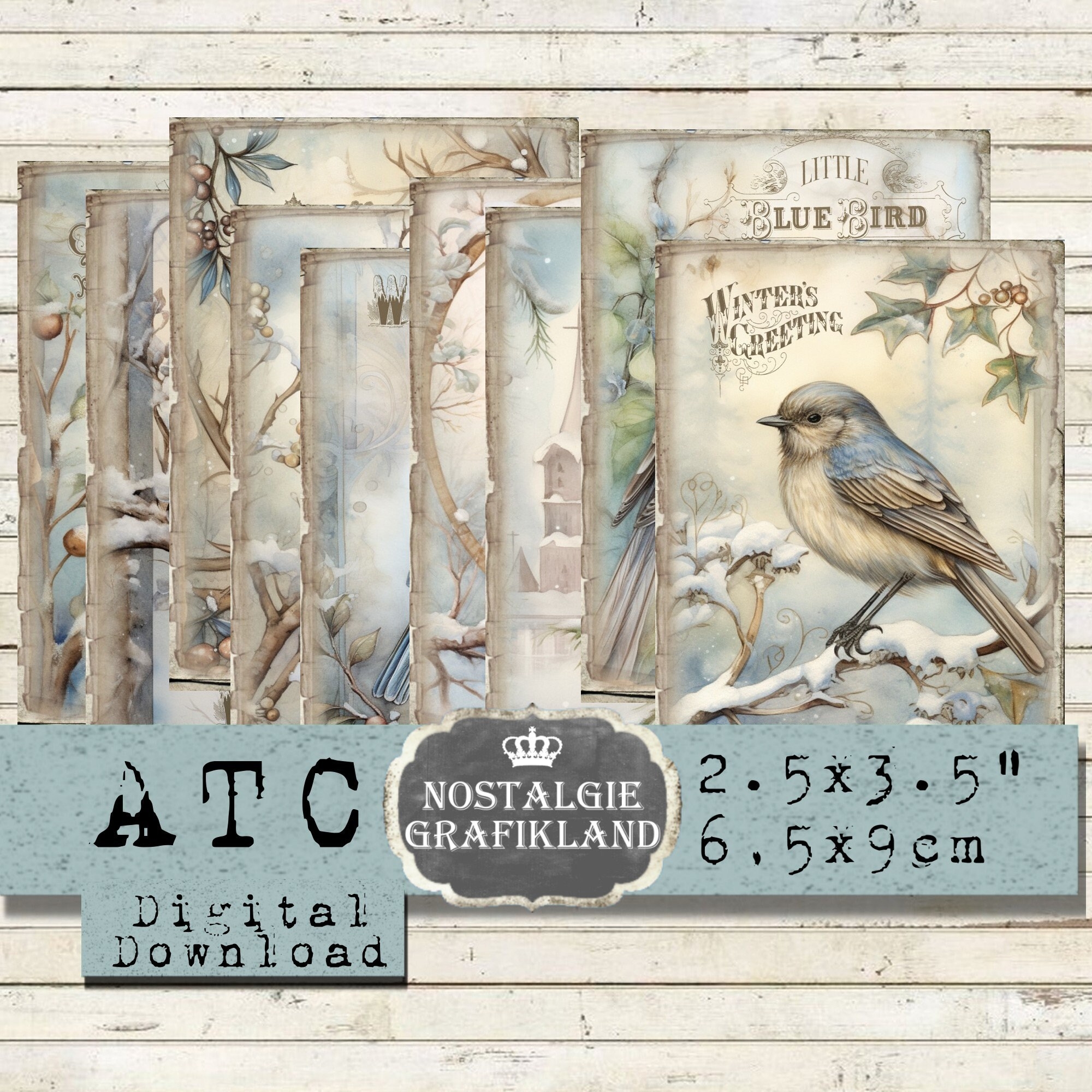 Winter Birds Printable ATC Blue Birds Snow Greetings Journaling Scrapbooking Cards Download Digital Collage S058 Etsy