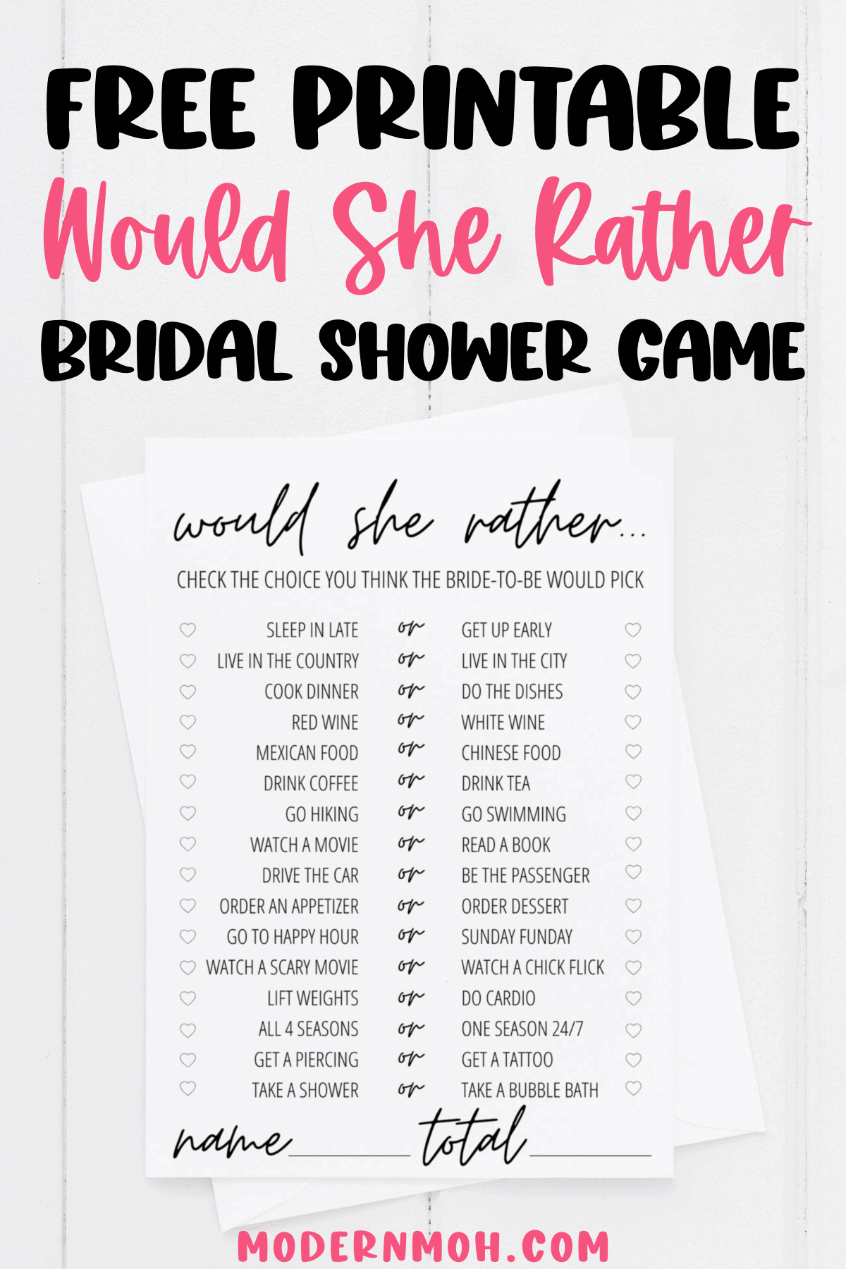 Would She Rather Bridal Shower Game Free Printable