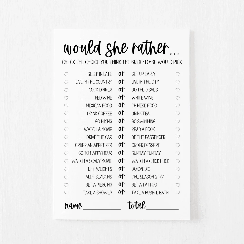 Would She Rather Bridal Shower Game Free Printable Modern MOH