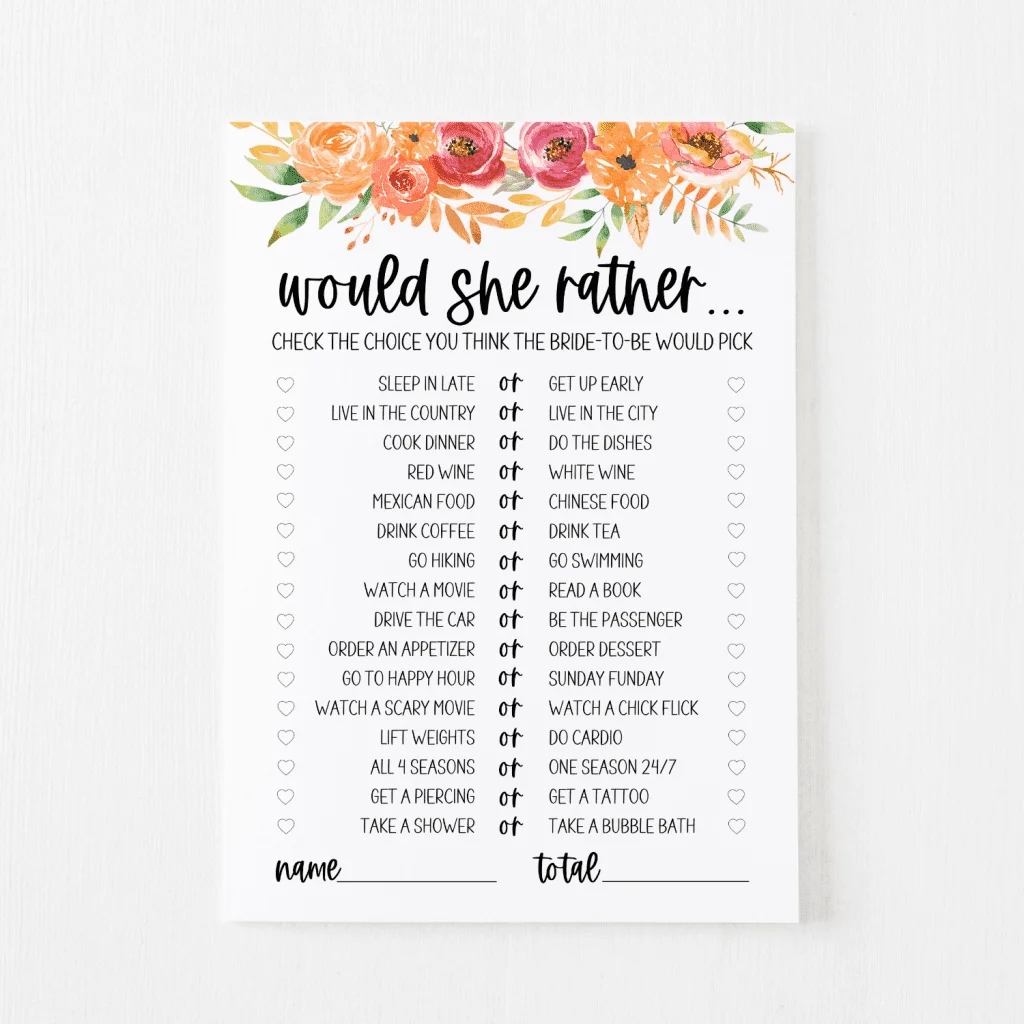 Would She Rather Free Printable
