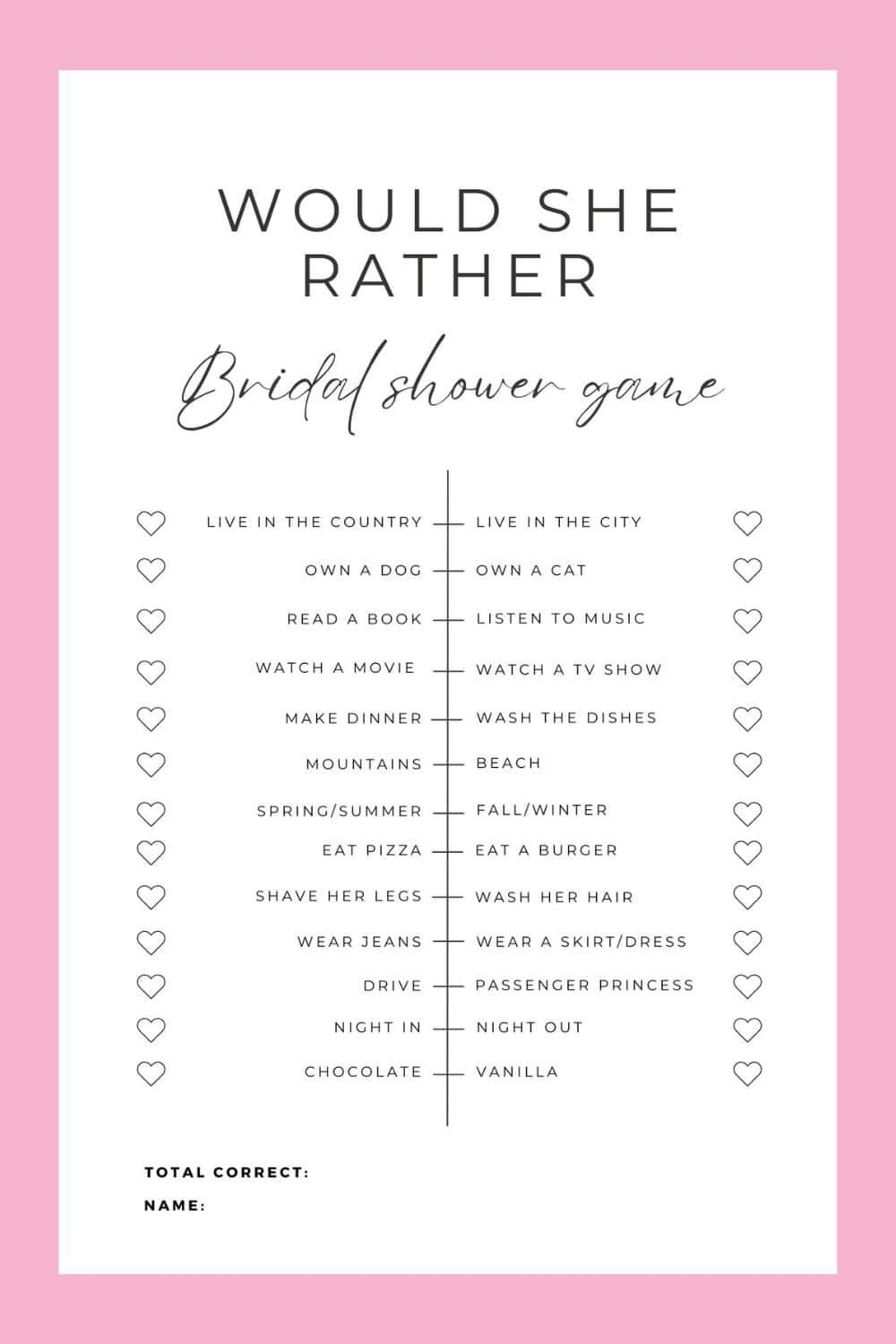 Would She Rather Bridal Shower Game Free Printable 