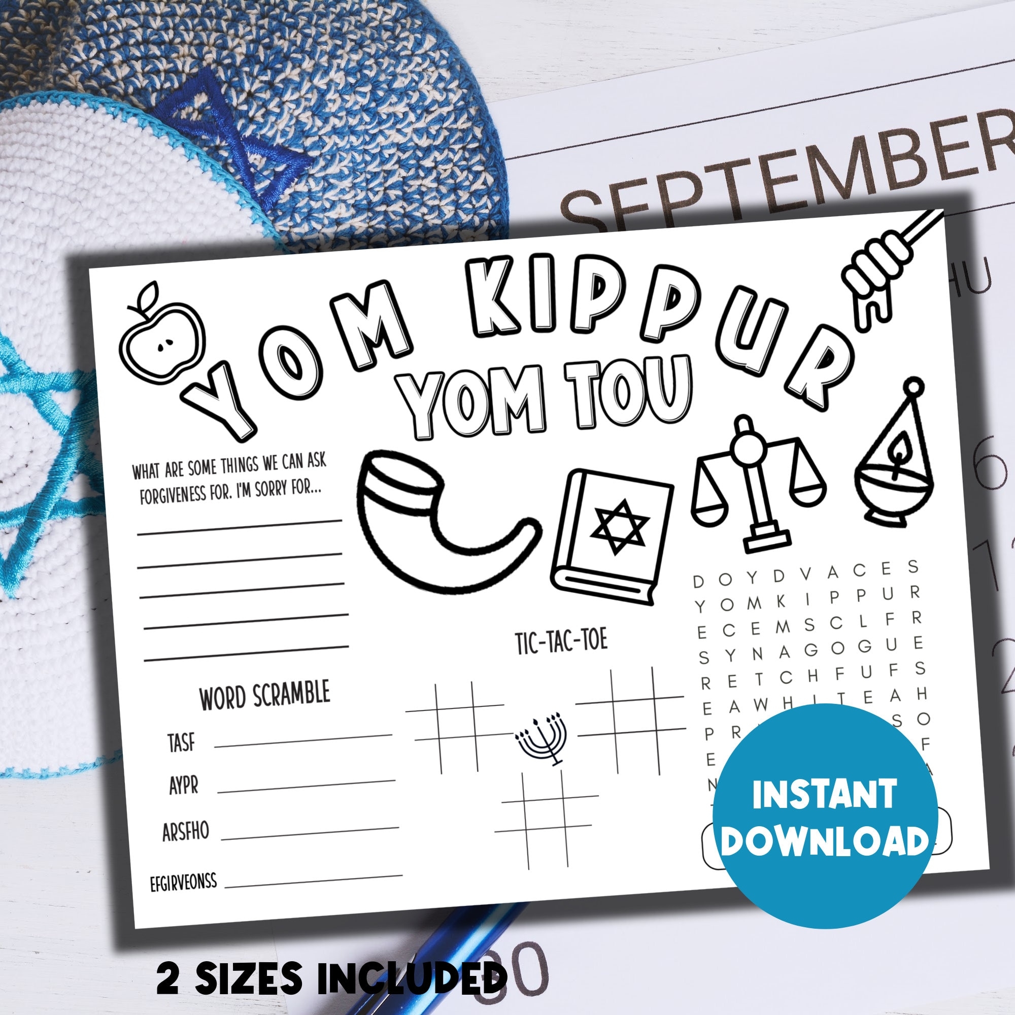 Yom Kippur Coloring Placemat Yom Kippur Activity Sheet For Kids Printable Yom Kippur Games Jewish Holiday Games Jewish Printables Etsy