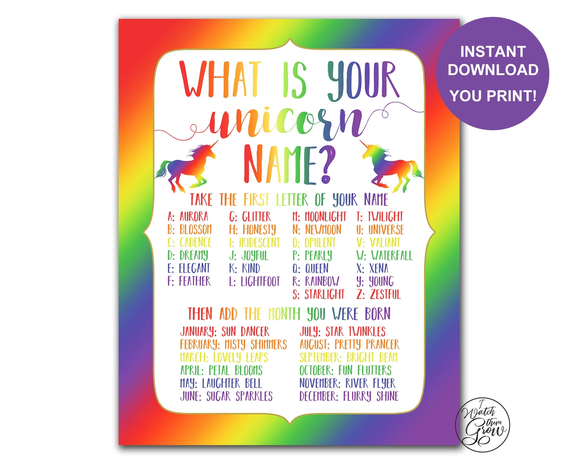 Rainbow Unicorn Name Game Printable what s Your Unicorn Name Game Rainbow Unicorn Party Sign Rainbow Baby Shower PDF INSTANT DOWNLOAD Etsy